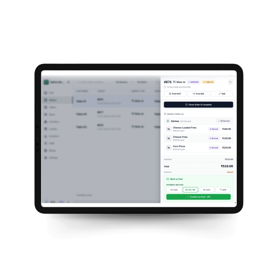 Print KOTs & settle bills fast.